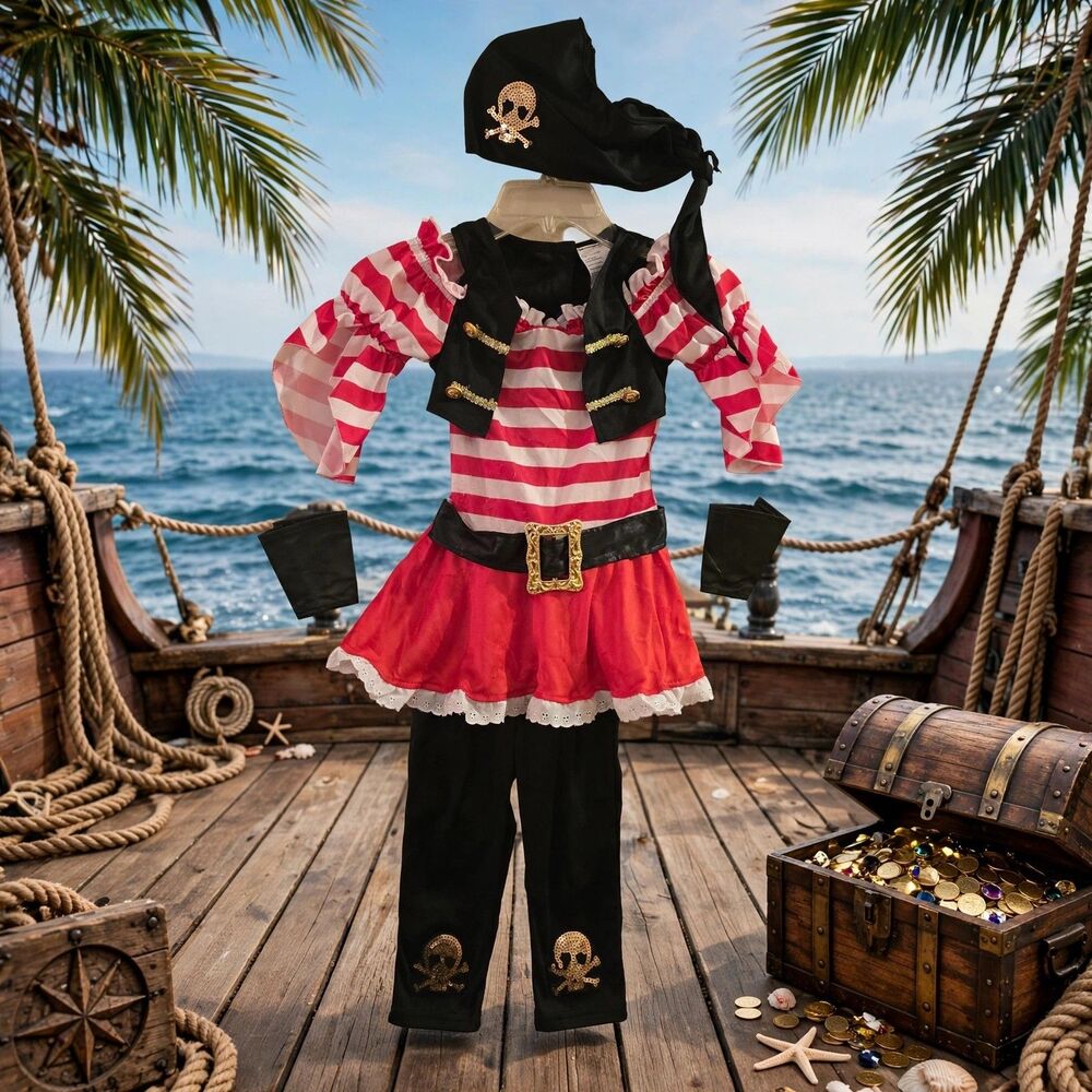 Girls Pirate Halloween Deluxe Costume 4 Piece Set Size S 4 5 6 C229 Pants Top